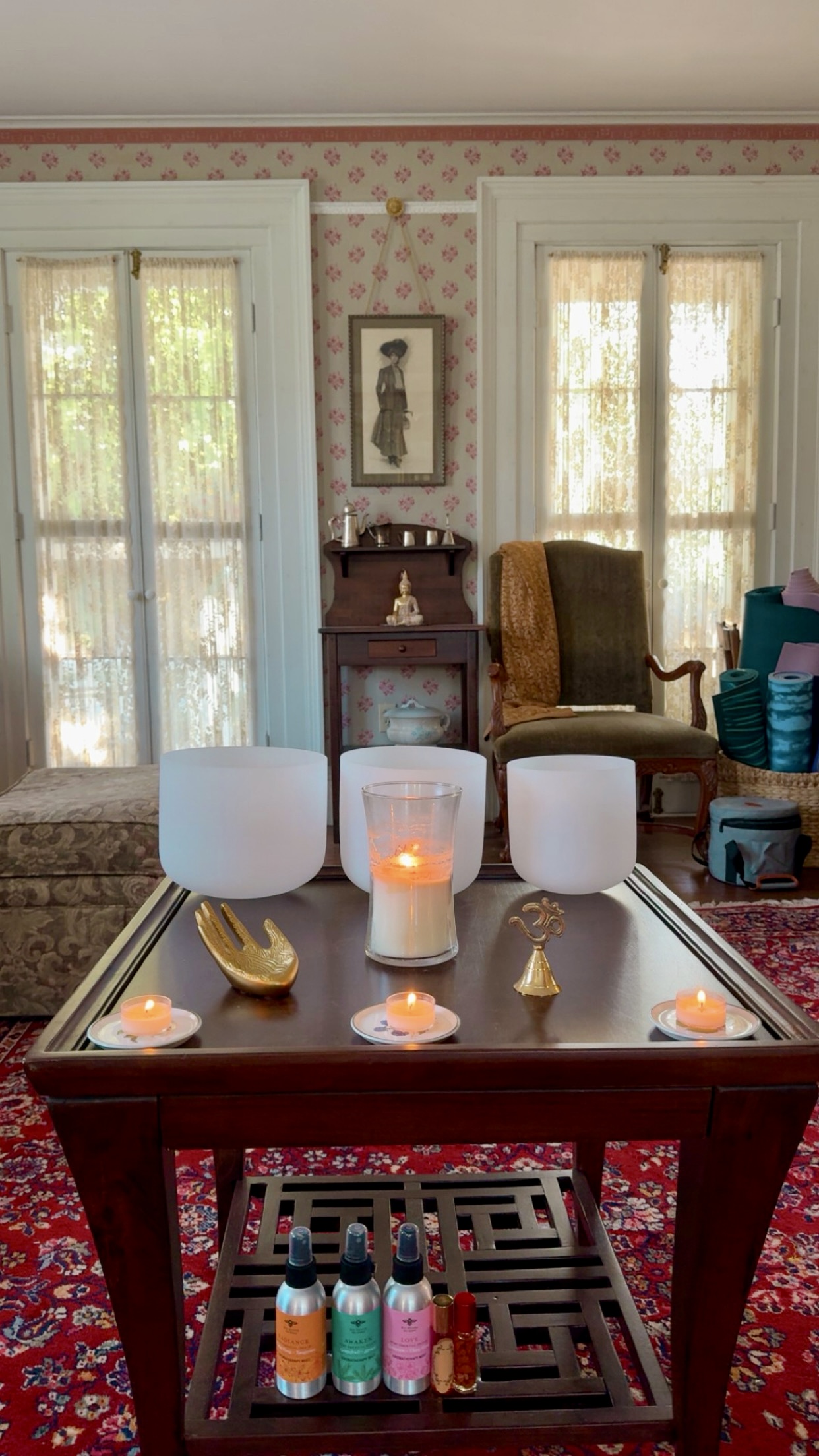 Sound bowls and candles inside the studio