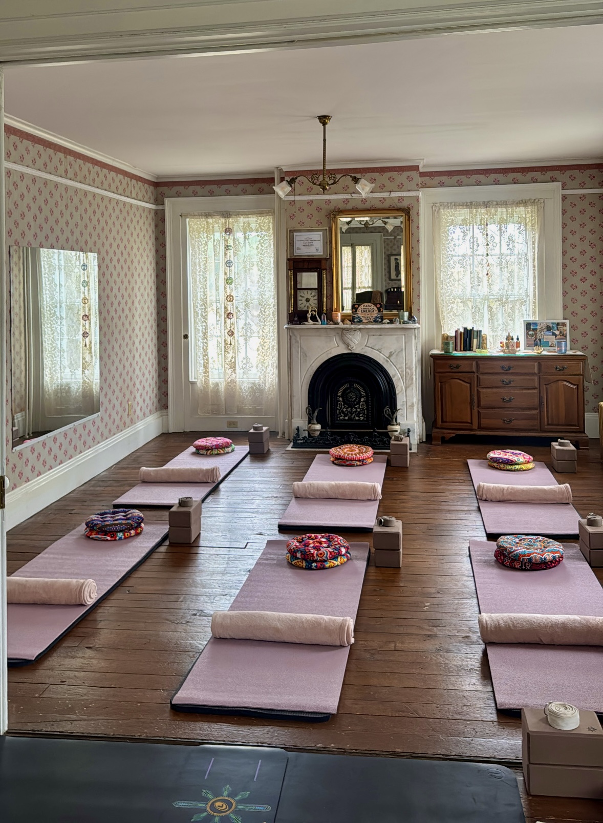 Restorative yoga setup inside Wild Sol Yoga